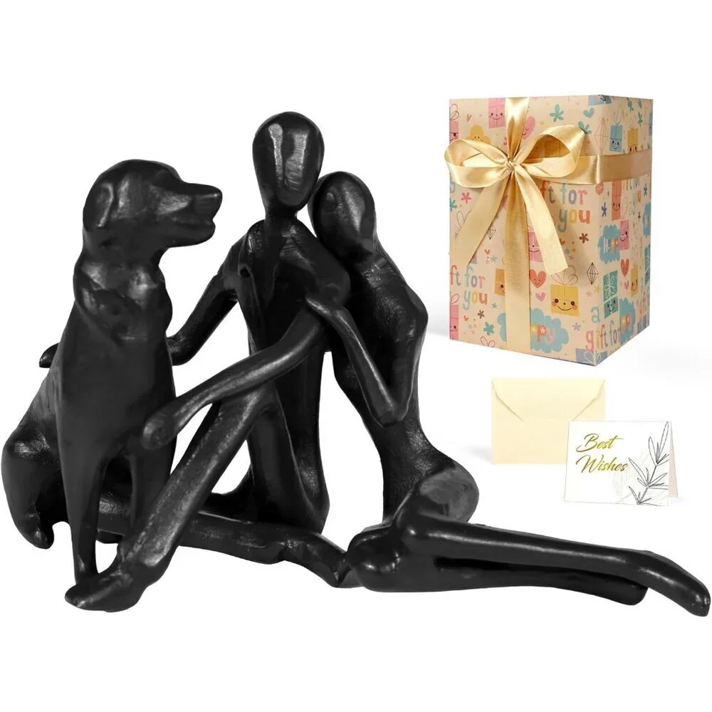 Sweet Couple & Dog Statue Cast Iron Sculpture Décor Wedding Love Gift for Couple